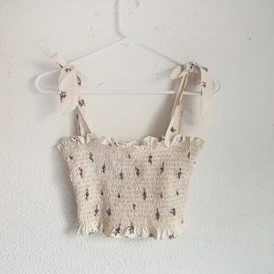 Beige floral tie strap ruched ribbed tank top